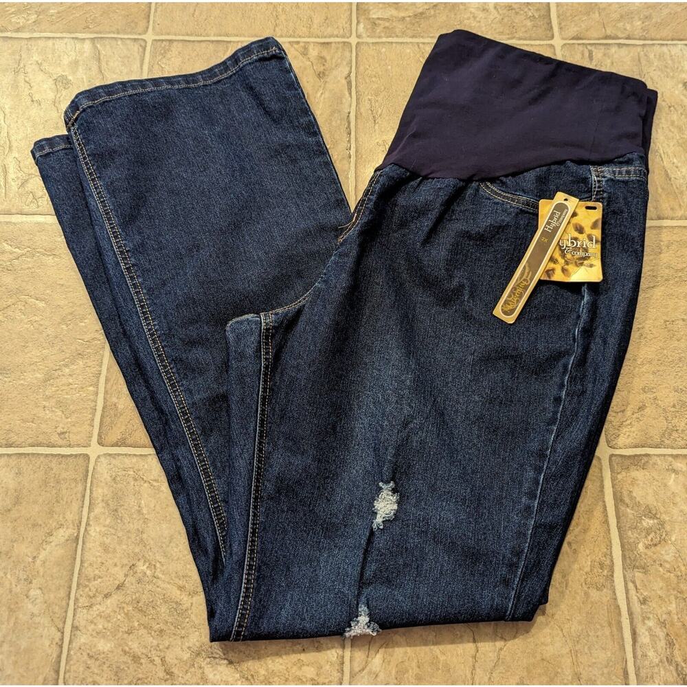 NWT Hybrid & Company Size 2X Maternity Blue Denim Jeans Distressed PM5464SX K5